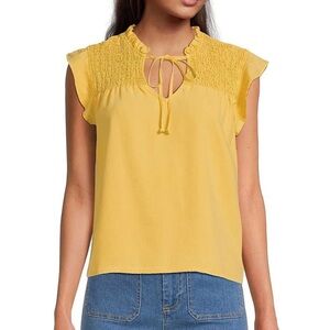 Cloth & Stone Smocked Ruffled Split V-Neck Top Size XS Mango Yellow Blouse 21